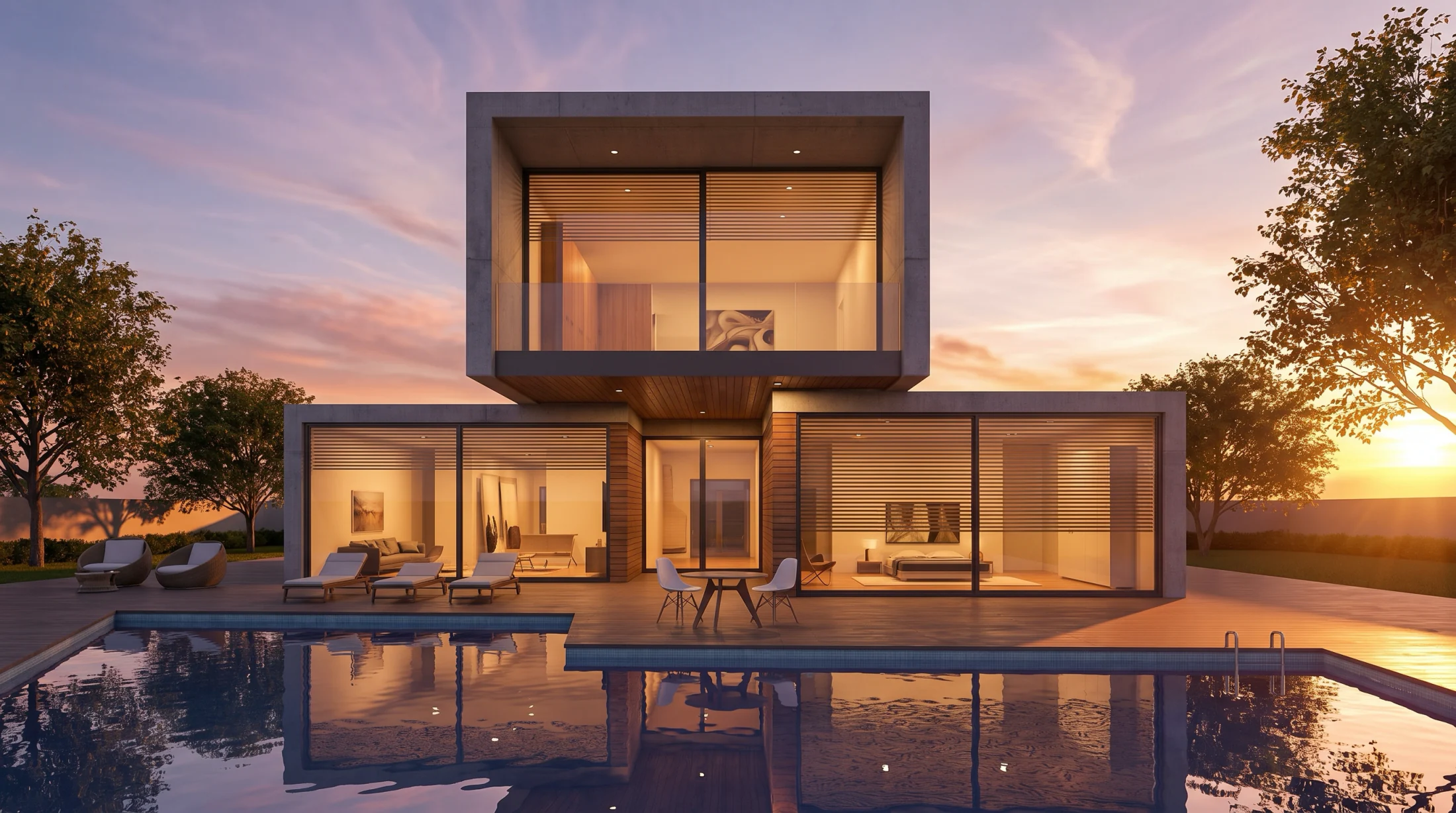 A presentation render of a contemporary pool villa at sunset.