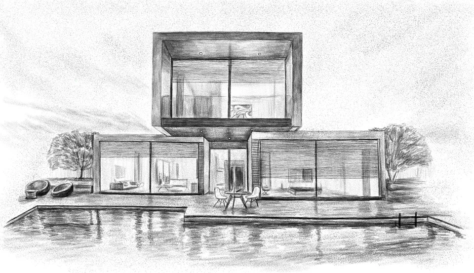 A pencil sketch of a contemporary villa with a pool.