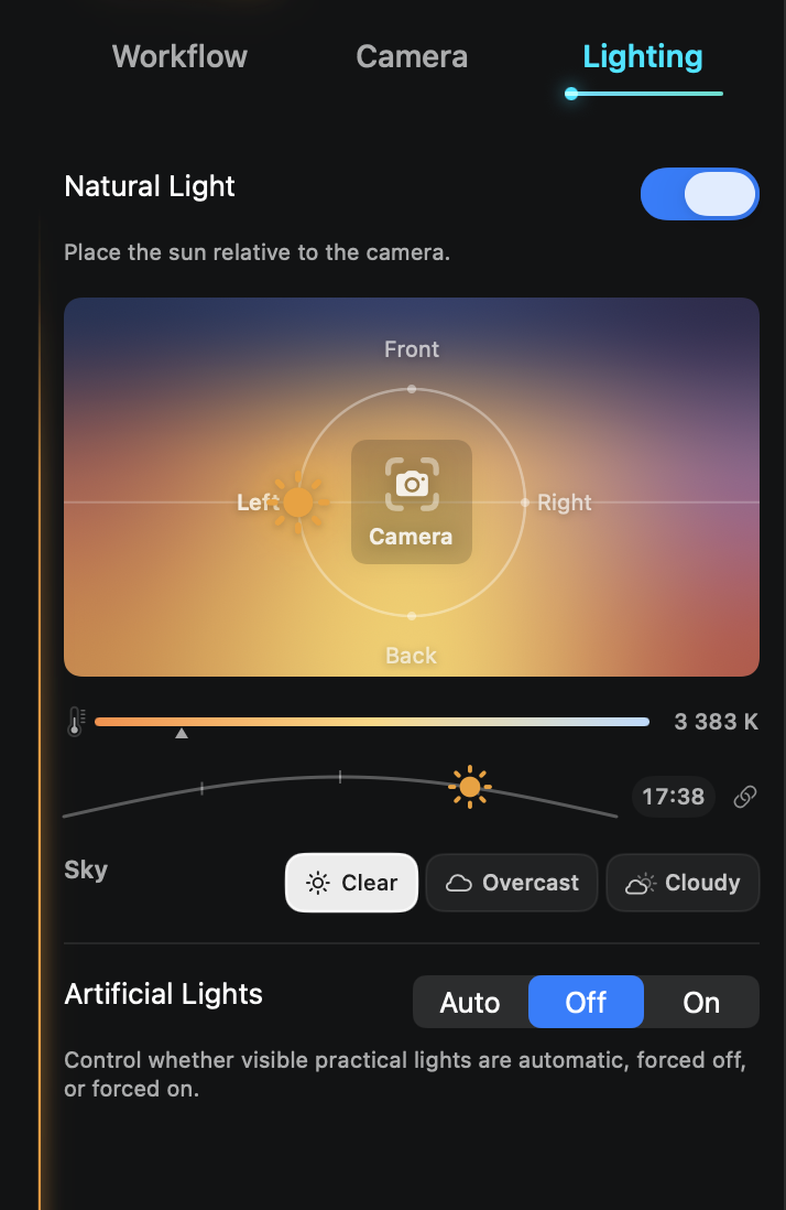 Velatura's Lighting controls showing a clear-sky sunset, sun position, color temperature, time, and artificial lights set to off.