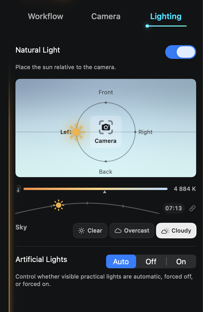 Velatura's Lighting controls showing a cloudy morning, the sun to the left of the camera, and artificial lights set to automatic.
