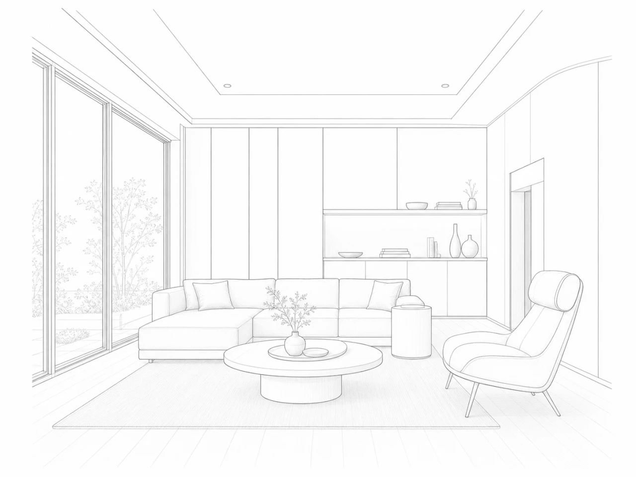 A clean living room sketch before refinement.
