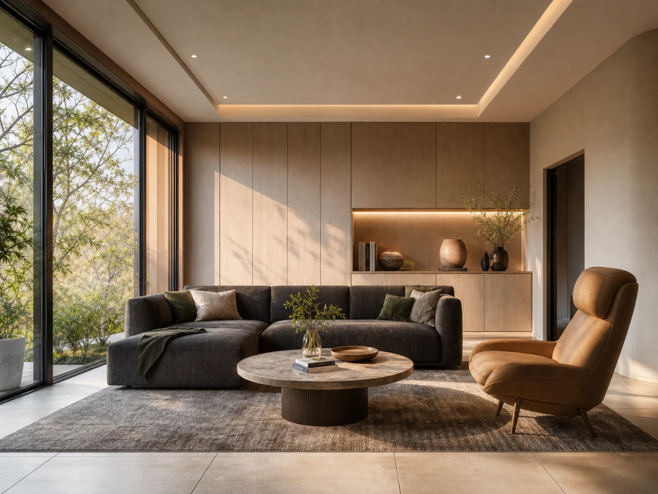 A refined living room render created from the source view.