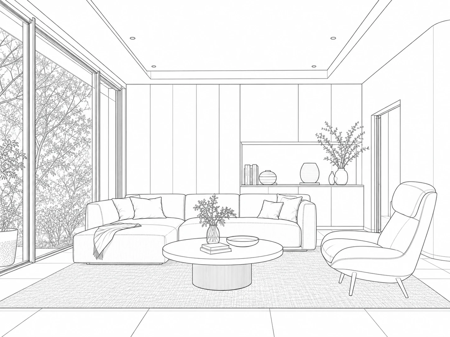 Illustrative line drawing derived from the paired living-room render, with matching framing.