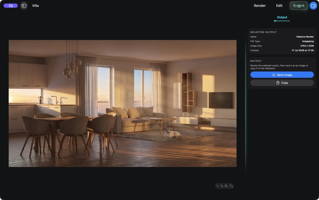 Velatura Export mode focused on the selected architectural output.