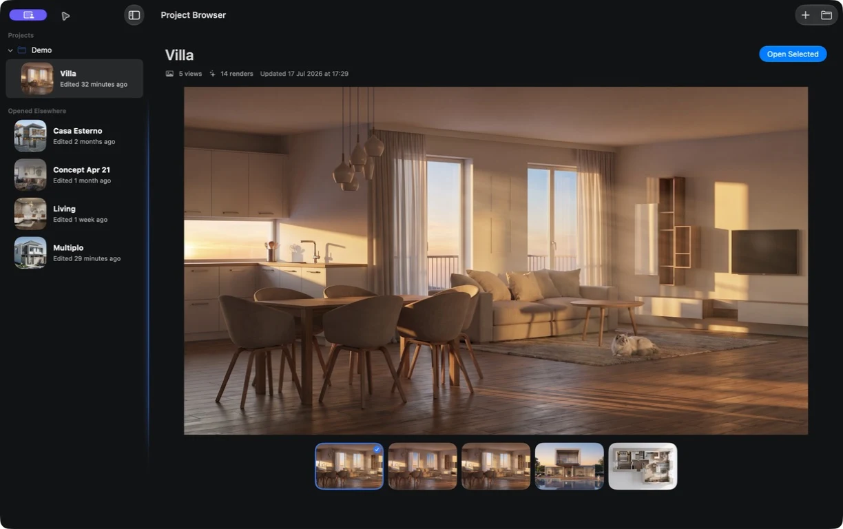 Velatura Project Browser showing architectural source views and saved presentation options in one Mac project.