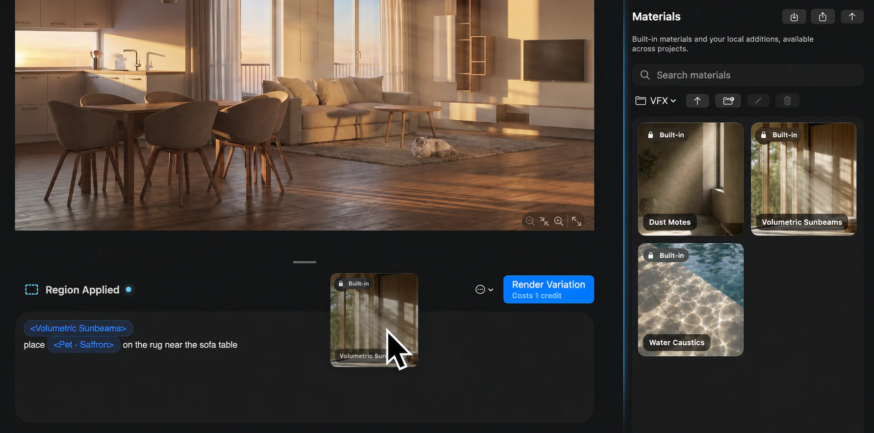 Velatura showing a Volumetric Sunbeams material being dragged from the Materials library into a render instruction.