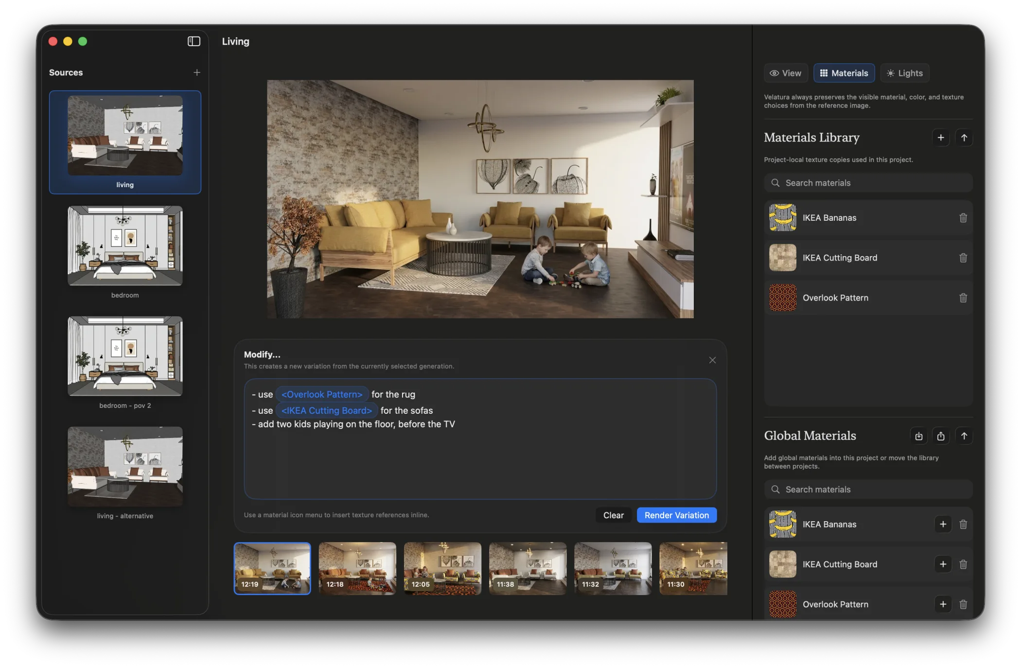 Velatura workspace showing material controls and variation rendering.