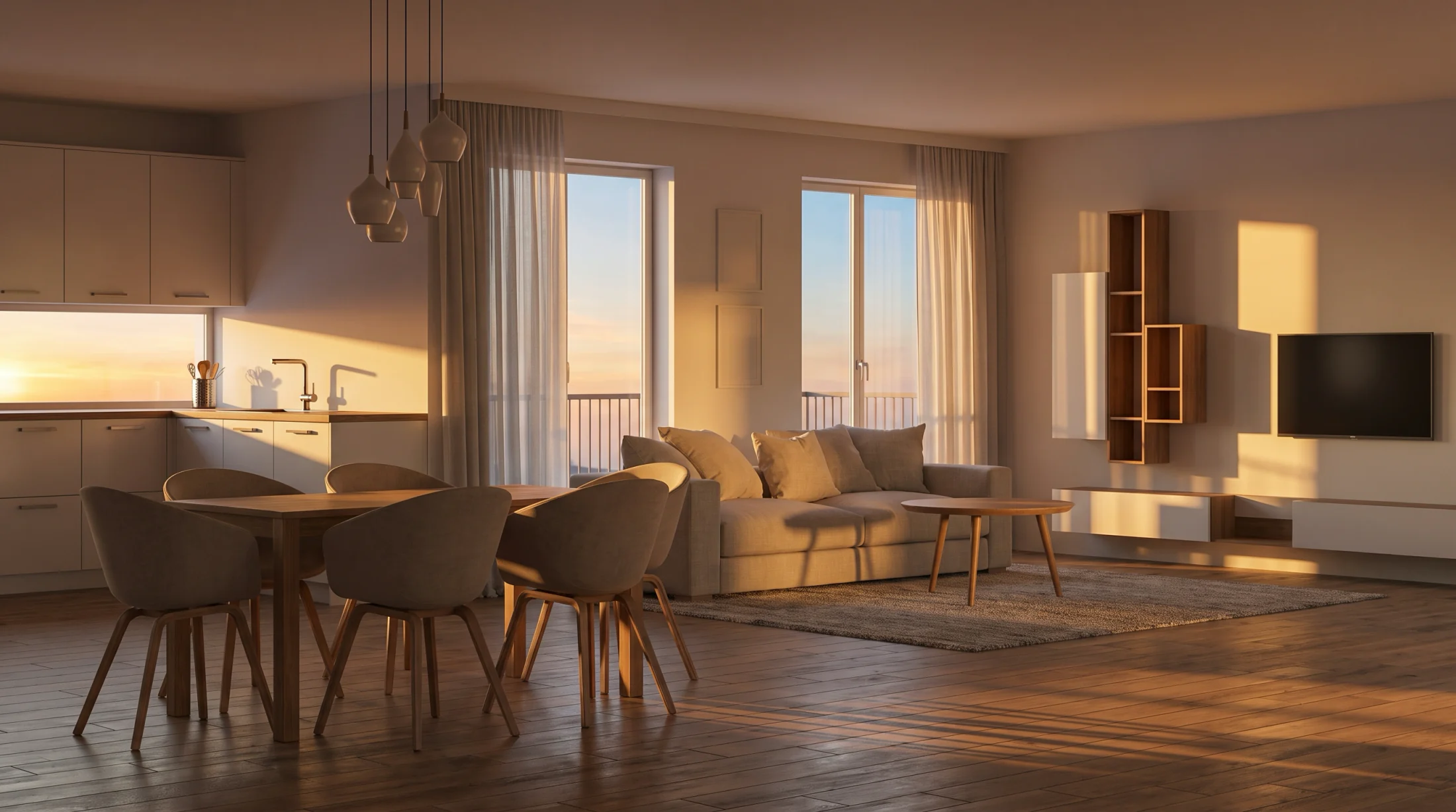 A warm evening render of a contemporary open-plan living room developed from an early interior sketch.
