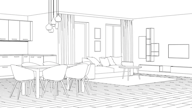 A clean line drawing of a contemporary open-plan living room and kitchen.