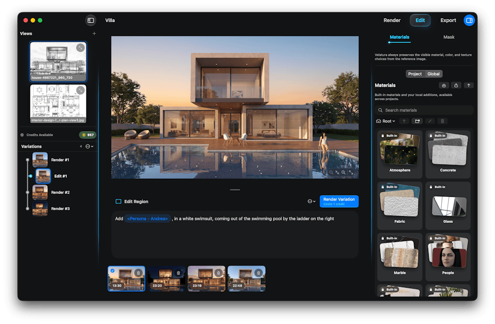 Velatura workspace showing an architectural render, project variations, and material controls.