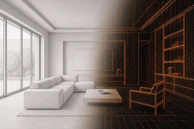 Velatura's custom workflow artwork, transitioning from an architectural sketch to a directed visualization.