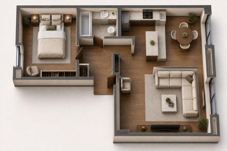 A furnished cutaway apartment example for the Floorplan to 3D Visualization workflow.