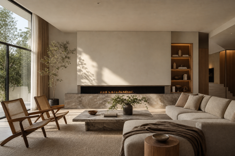 A warm photorealistic living room example for the Interior Photorealistic workflow.