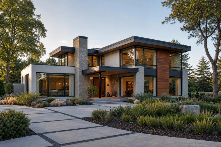 A contemporary house in a landscaped setting for the Outdoor Photoreal House View workflow.