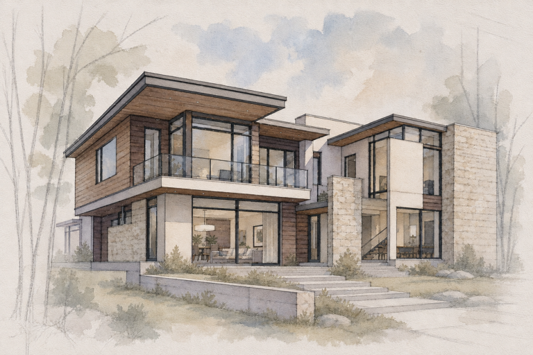 A restrained watercolor house study for the Watercolor illustration workflow.